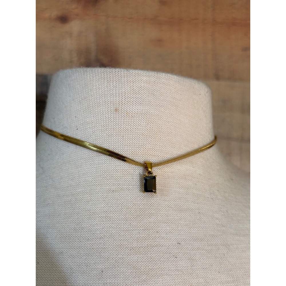 Gold Tone Stainless Steel Herringbone Snake Chain Black Emerald Cut Pendant
